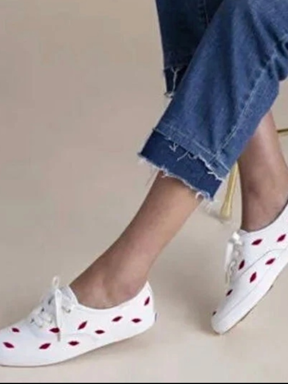 Kate Spade Keds CHAMPION‎ Leather Low Top Sneakers White Red Kiss Lips Love 7.5